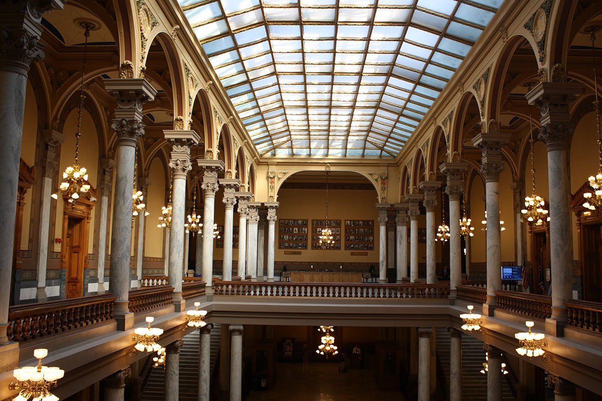 Restored north court, Indiana Statehouse, with Italian Renaissance design, 2015. James Glass